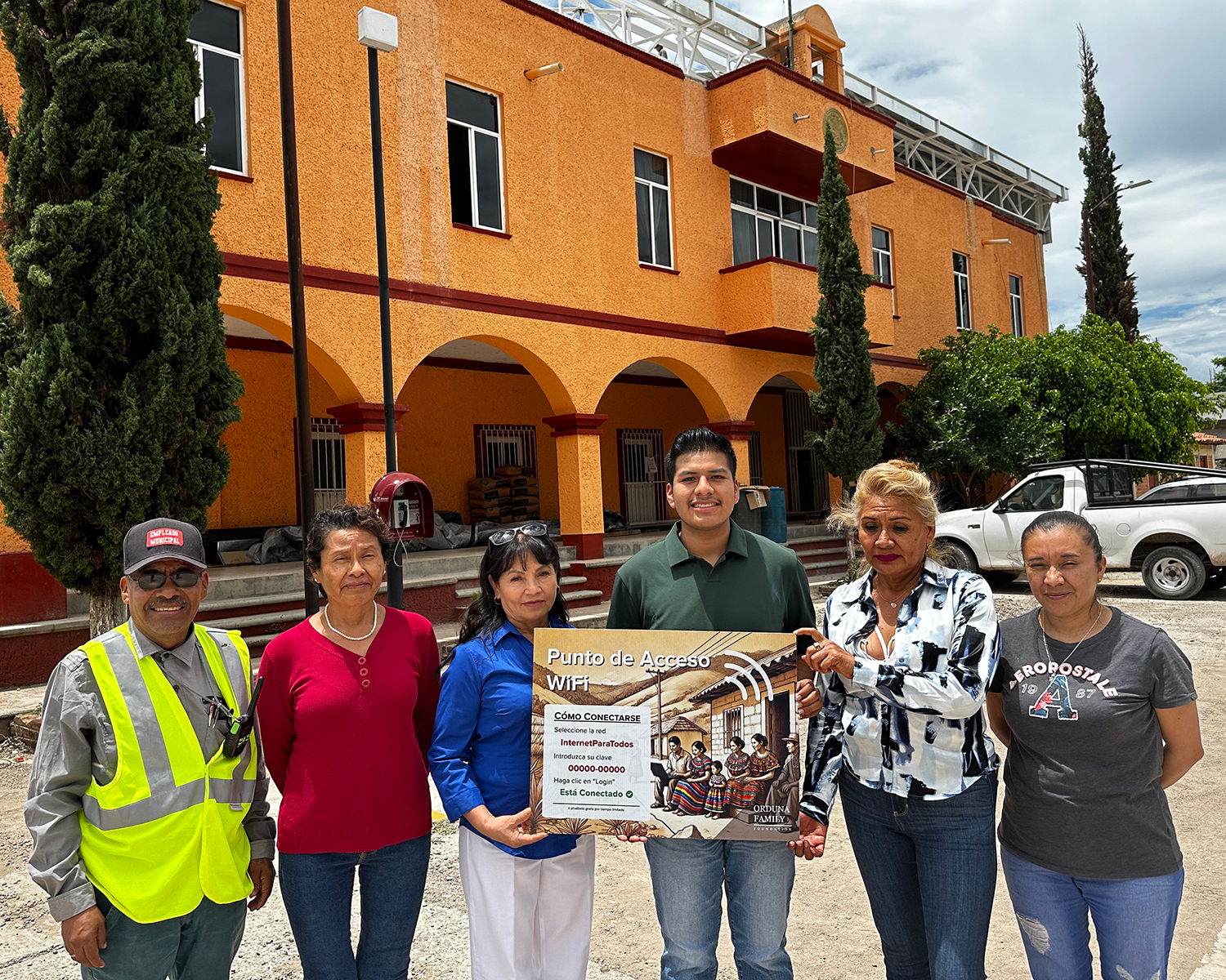 Kelvin Orduna with the Municipal Officials of Santiago Yucuyachi, Silacayoápam, Oaxaca, Mexico. Left to Right: Carlos Peña (Clerk), Cliseria Mendoza Mendez (Director of Education and Health), Angelina Herrera Cruz (Municipal President), Kelvin Orduna, Mayle Olivera Armador (Director of Tax), Virgin Ia Cortes Zuñiga (Municipal Secretary)